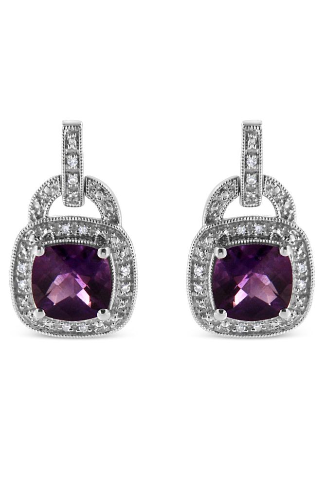 Amethyst and Diamond Accent Halo with Push Back Dangle Earrings